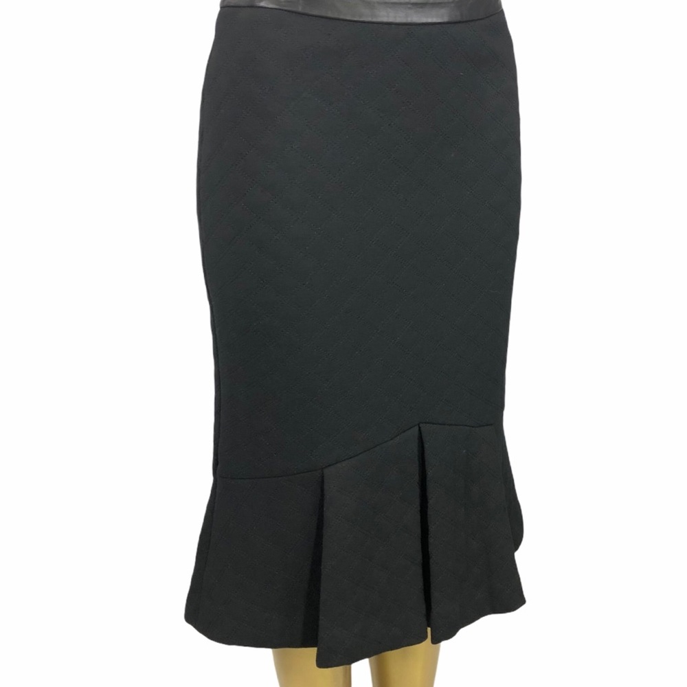 Badgley Mischka Black Quilted Straight Skirt Sz 0 Flutter Box Pleat Leather Trim